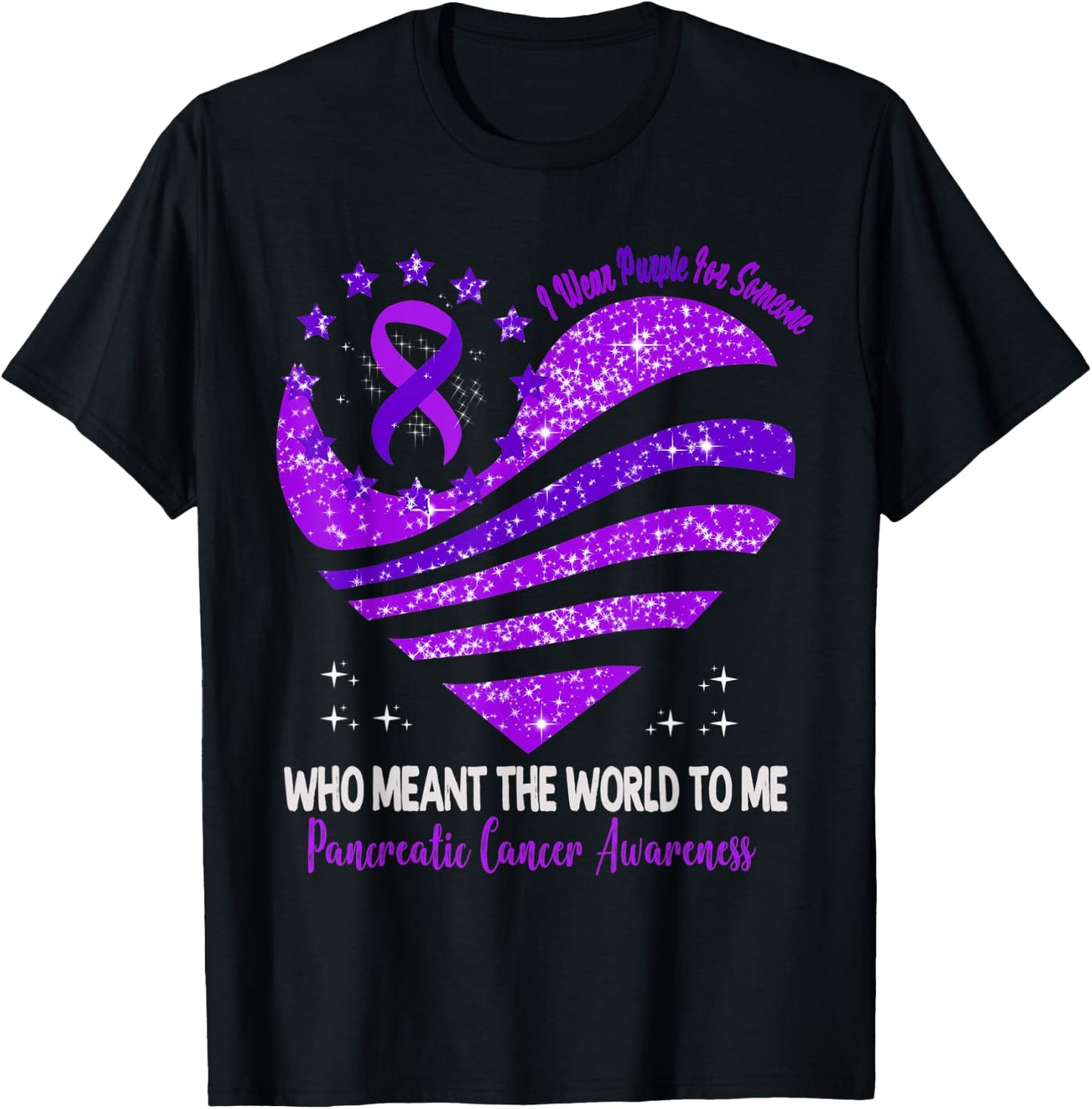 I Wear Purple For Pancreatic Cancer Awareness Heart Ribbon T-Shirt - T-Shirt | Black
