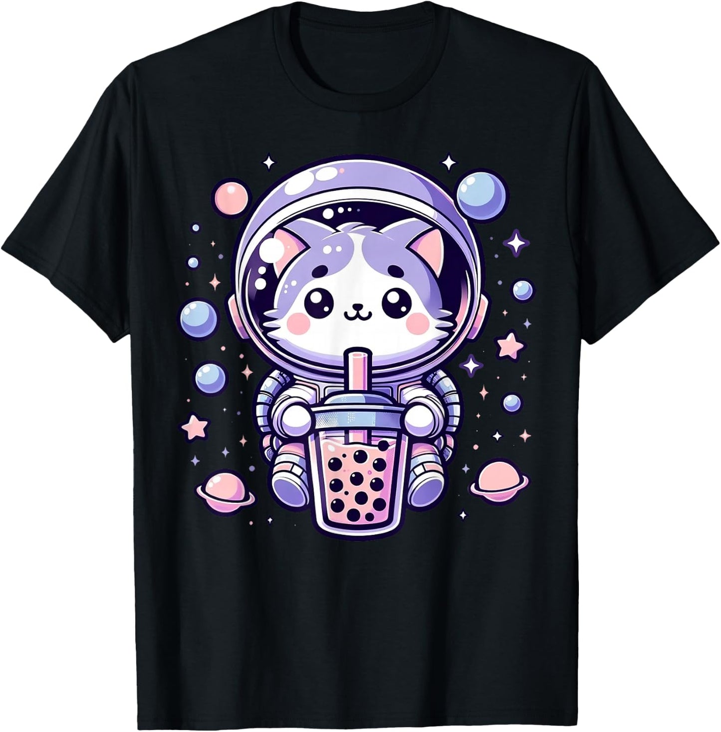Kawaii Cat Astronaut With Boba Tea Anime In Space Adventure T-Shirt - T-Shirt | Black