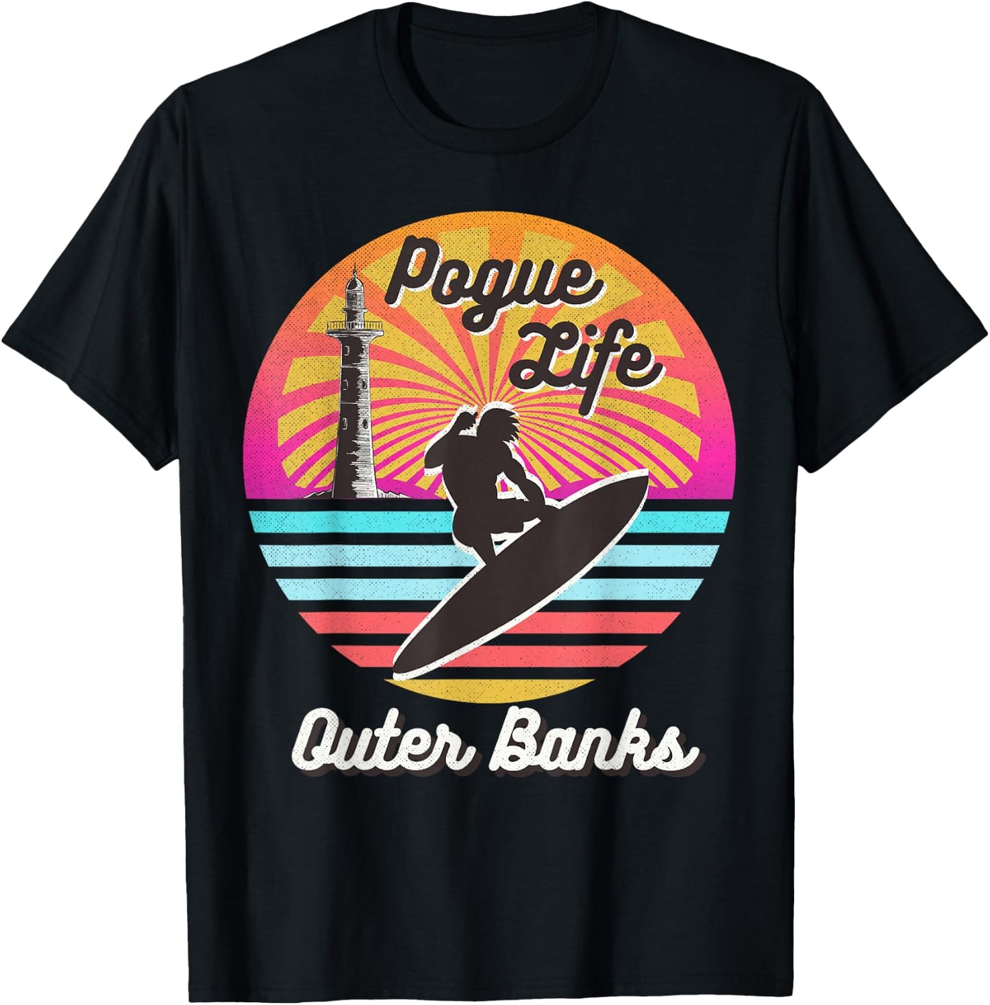 Surfer Pogue-Life-Outer-Banks Light Houses Retro Distressed T-Shirt - T-Shirt | Black