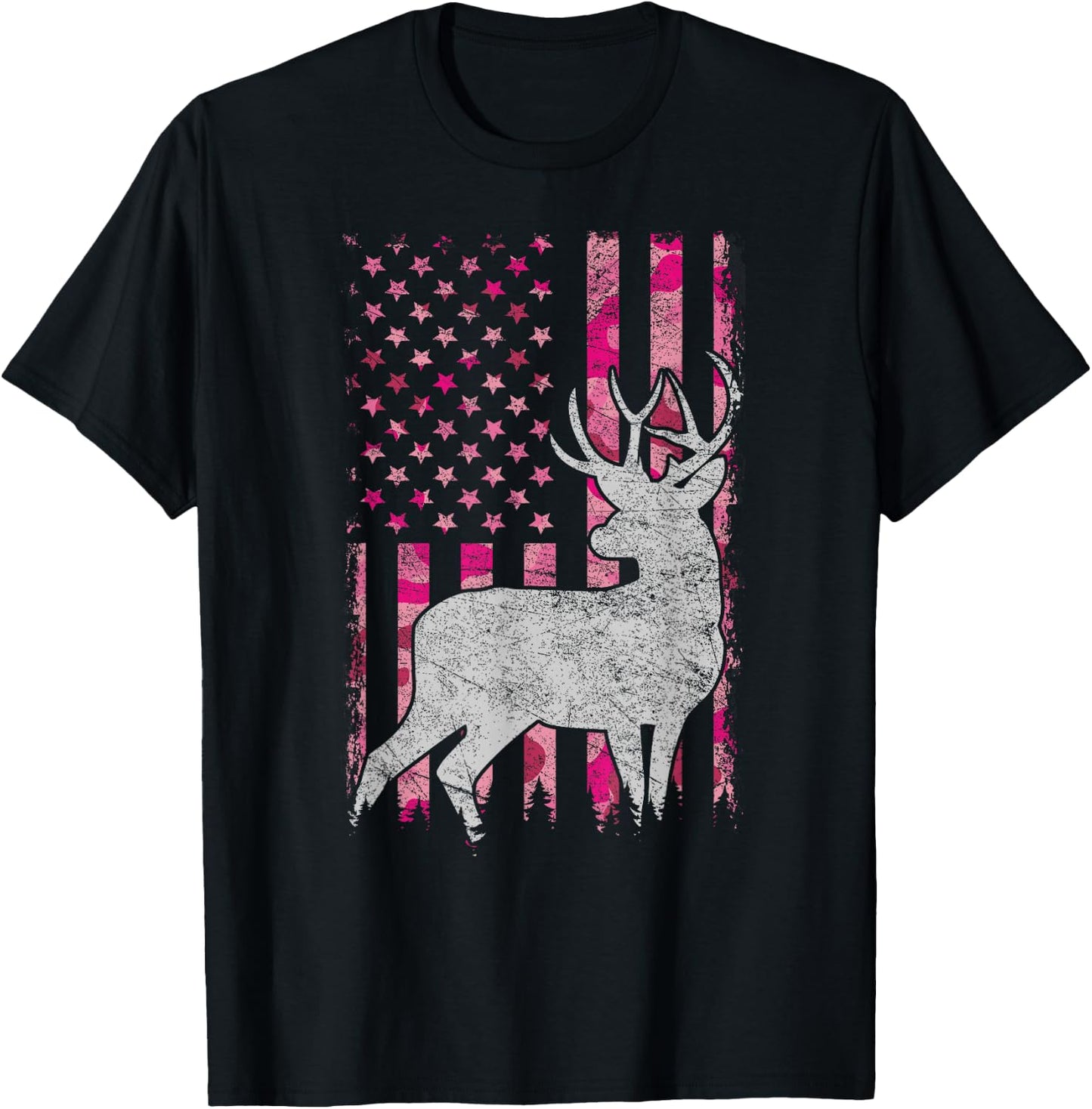 Women Girls Patriotic Pink Camo USA Flag Deer Hunter T-Shirt - T-Shirt | Black