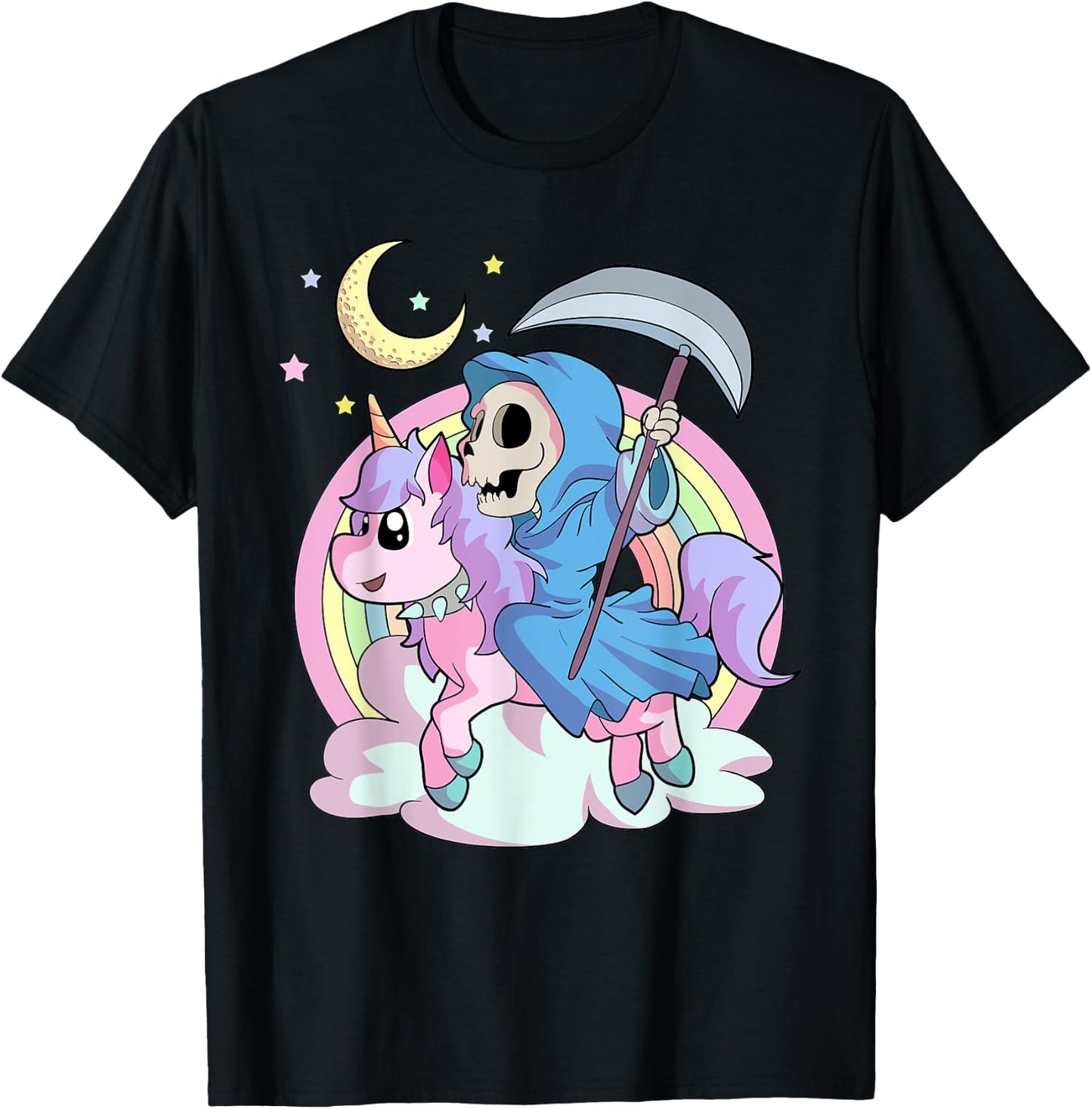 Kawaii Pastel Goth Unicorn and Grim Reaper Creepy Unicorn T-Shirt - T-Shirt | Black