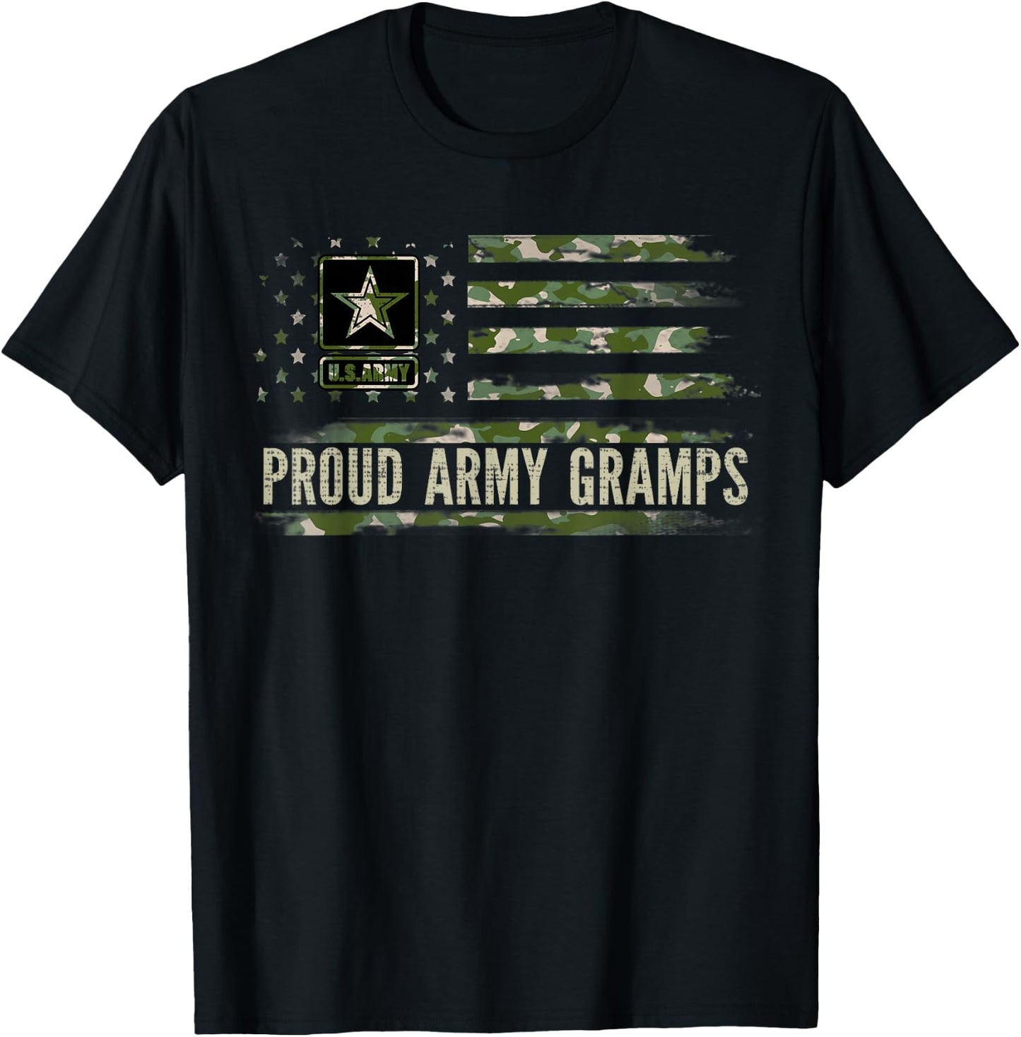 Vintage Proud Army Gramps Camo American Flag Veteran Gift T-Shirt - T-Shirt | Black