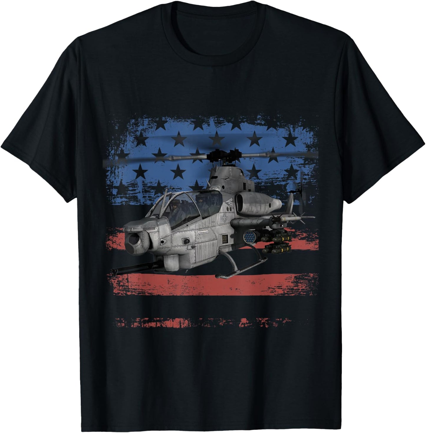 AH-1 Cobra Attack Helicopter Military Distressed US Flag T-Shirt - T-Shirt | Black