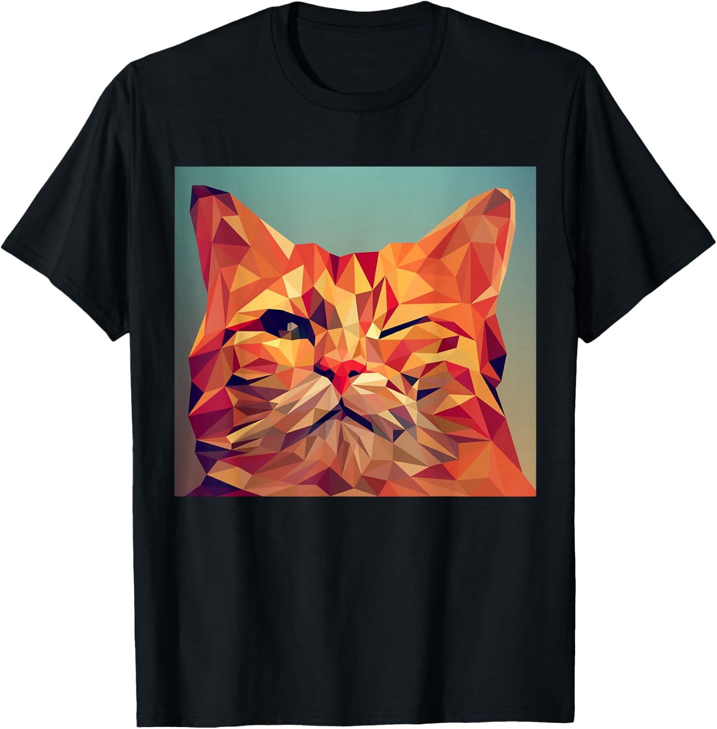 Winking Orange Cat Lover Feline Abstract Digital Poly Art T-Shirt - T-Shirt | Black