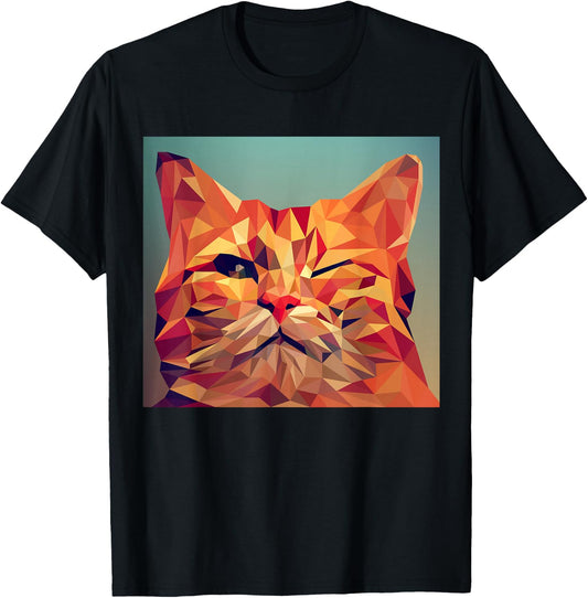Winking Orange Cat Lover Feline Abstract Digital Poly Art T-Shirt - T-Shirt | Black