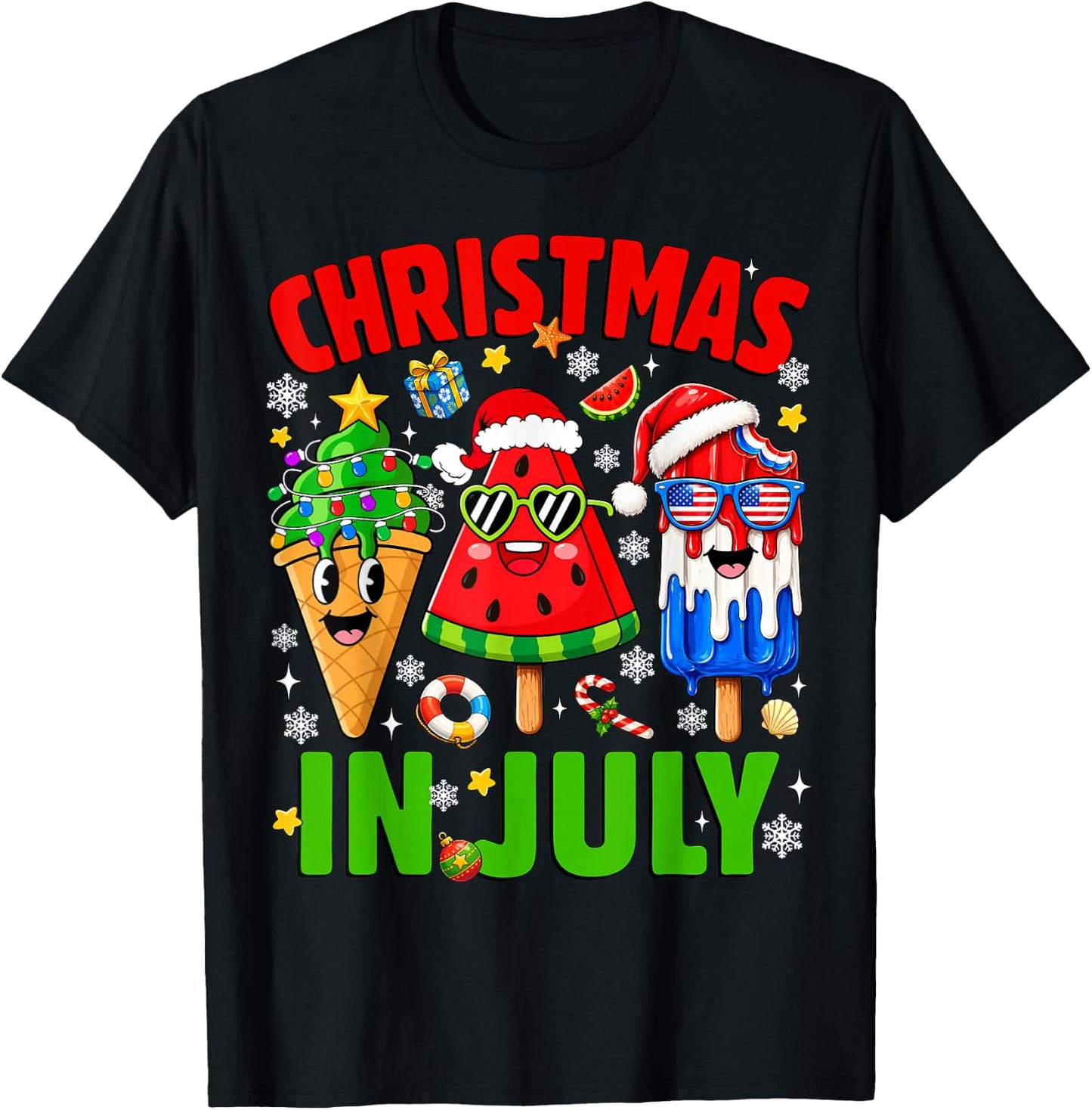 Christmas in July Ice Pops Watermelon Xmas Santa Hat Kids T-Shirt - T-Shirt | Black