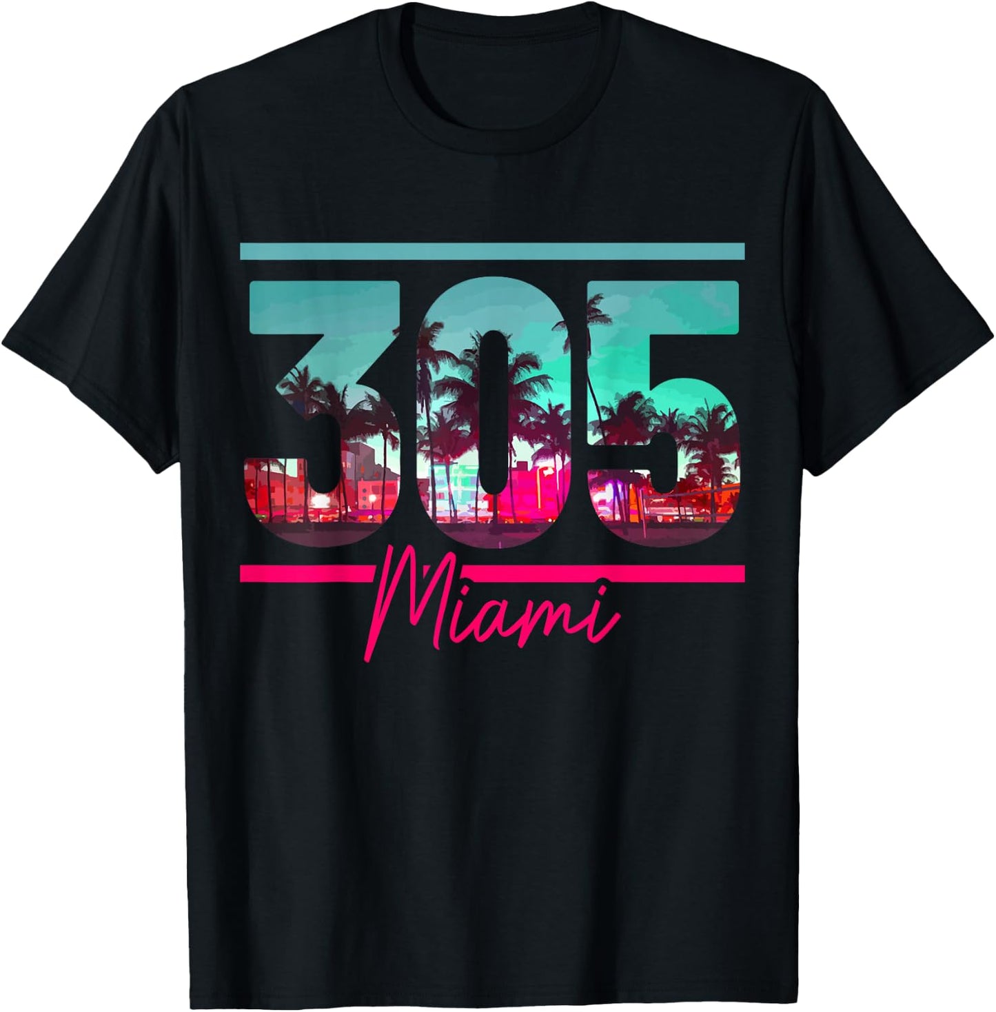 Miami 305 Area Code Florida Vintage Palm Trees Pride Retro T-Shirt - T-Shirt | Black