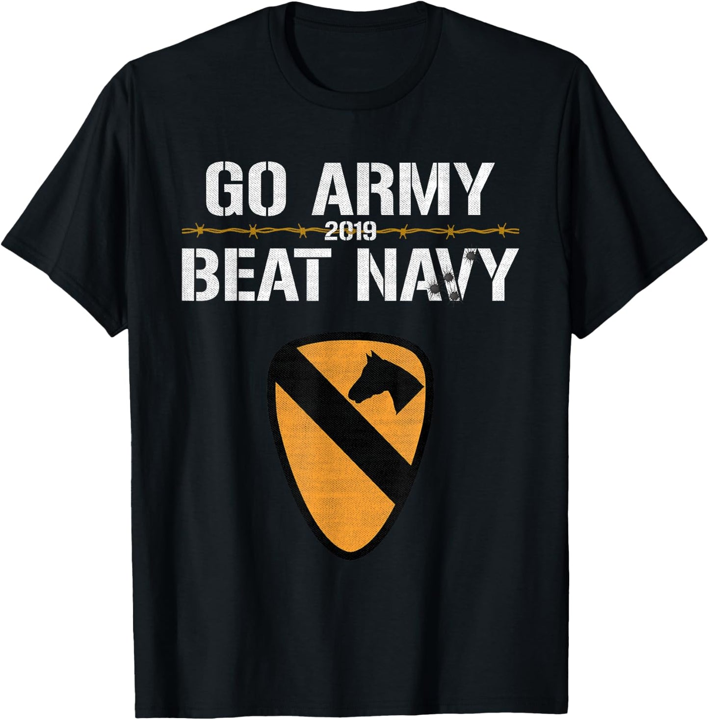 Veterans & Armed Forces Design (VAFD) 2019 Go Army! Beat Navy! Barbed Wire, Bullet Holes & Cavalry - Black, , Short Sleeve, , Modern Style, Military Theme, Adult Size: Small T-Shirt - T-Shirt | Black