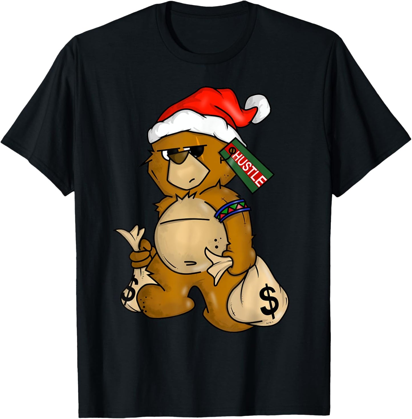 Hip Hop Teddy Bear Christmas Santa Hat Money Rap Lover Gift T-Shirt - T-Shirt | Black