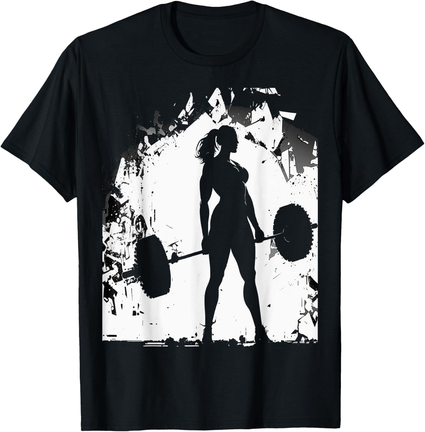 Strong Muscular Fit Gym Woman Lifting Weights Silhouette Art T-Shirt - T-Shirt | Black