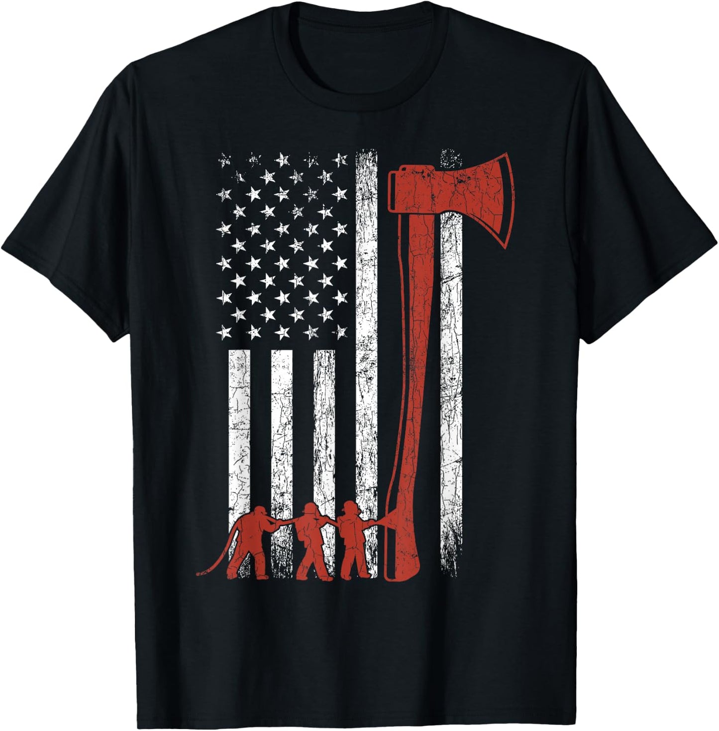 Firefighter USA Flag Funny Firemen Fire Truck Graphic T-Shirt - T-Shirt | Black