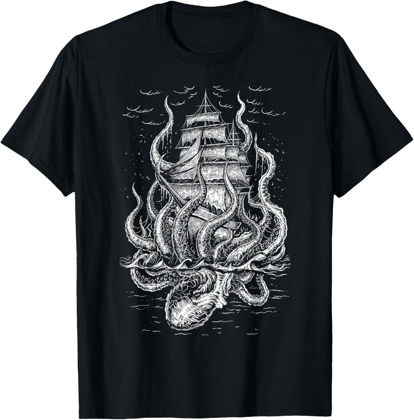Call of the Kraken - Octopus with Pirateship T-Shirt - T-Shirt | Black