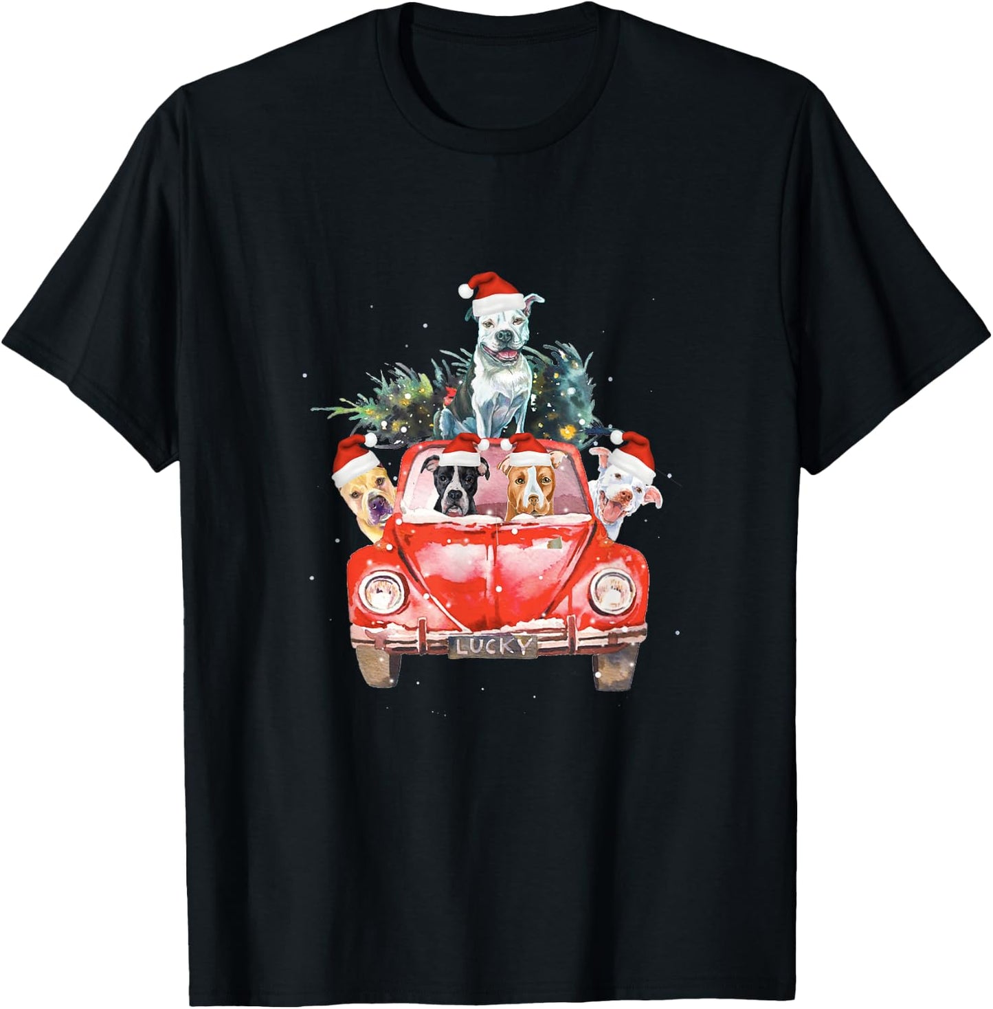 Pitbull Riding Red Truck Christmas Tree Santa Pitbull Xmas T-Shirt - T-Shirt | Black