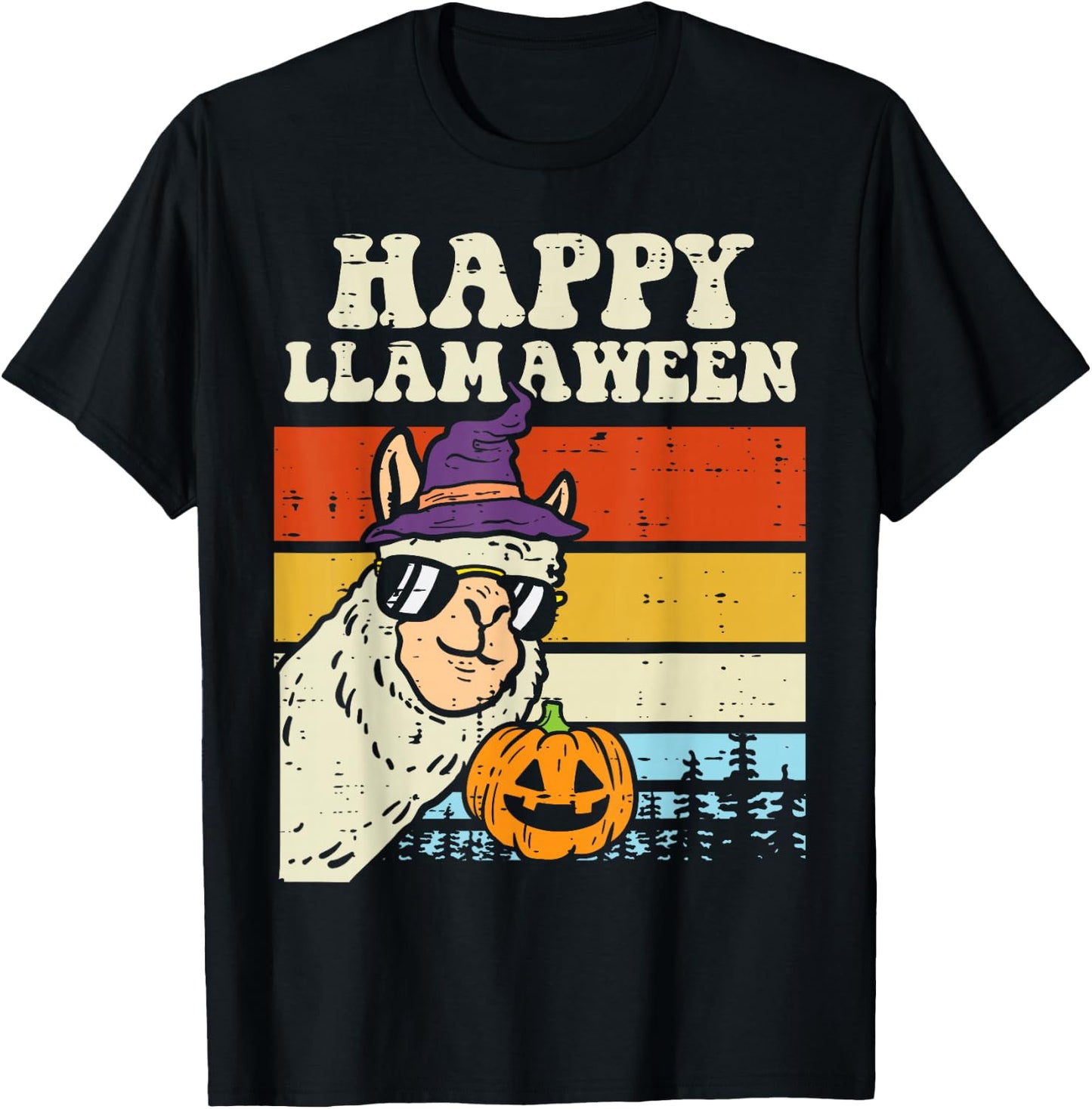 Happy Llamaween Llama Witch Retro Halloween Alpaca Animal T-Shirt - T-Shirt | Black