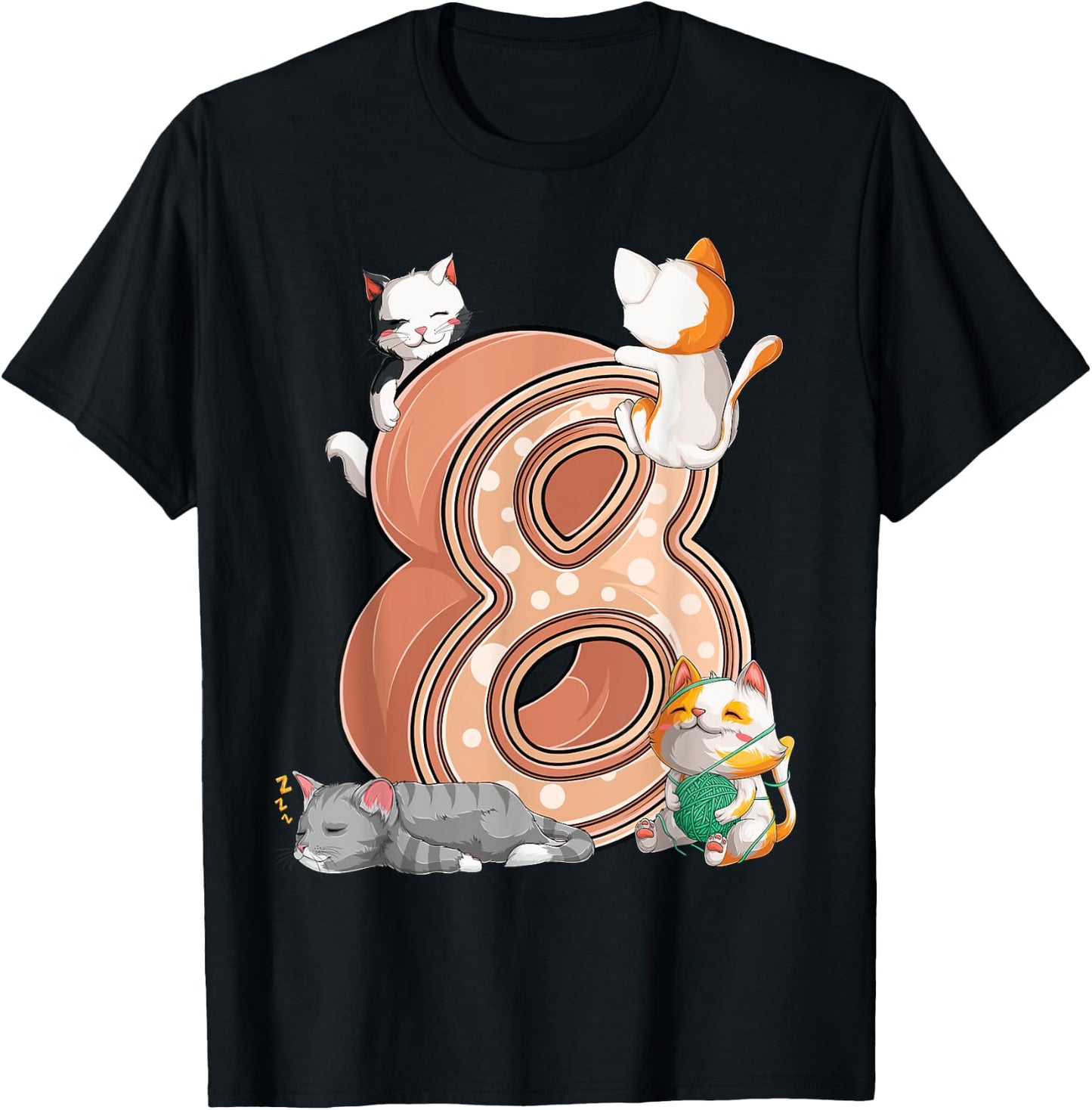 Cats 8th Birthday Party Eight 8 Years Old Kitten Pet Owner T-Shirt - T-Shirt | Black