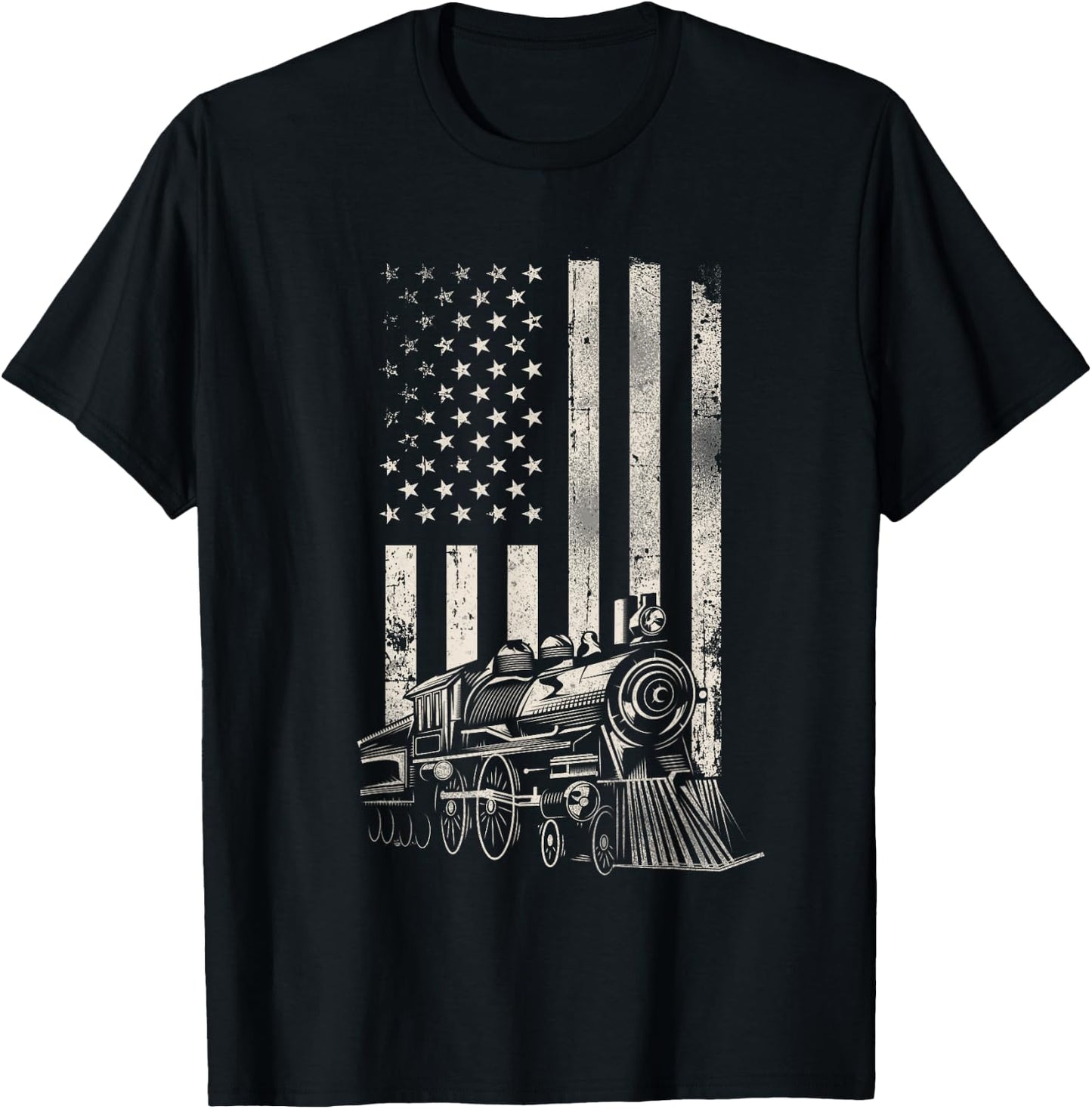 Steam Train Driver Trainspotting Locomotive American Flag T-Shirt - T-Shirt | Black