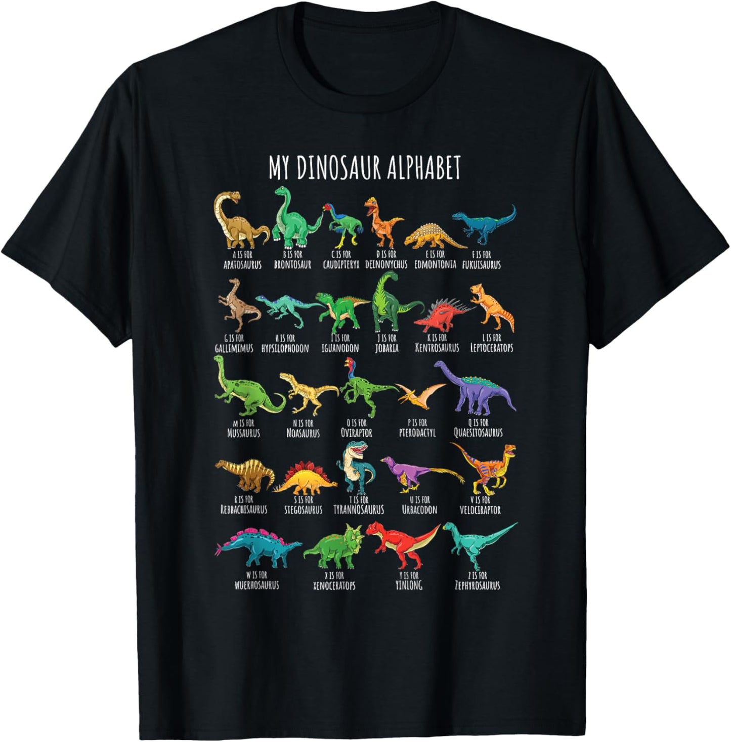 Types Of Dinosaurs Alphabet A-Z ABC Dino Identification Short Sleeve T-Shirt - T-Shirt | Black