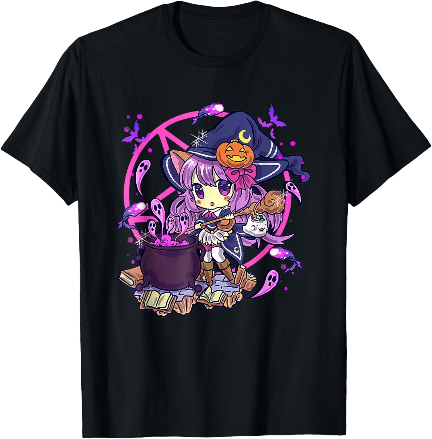 Cute Kawaii Chibi Anime Halloween Witch Kids Teen Girl T-Shirt - T-Shirt | Black