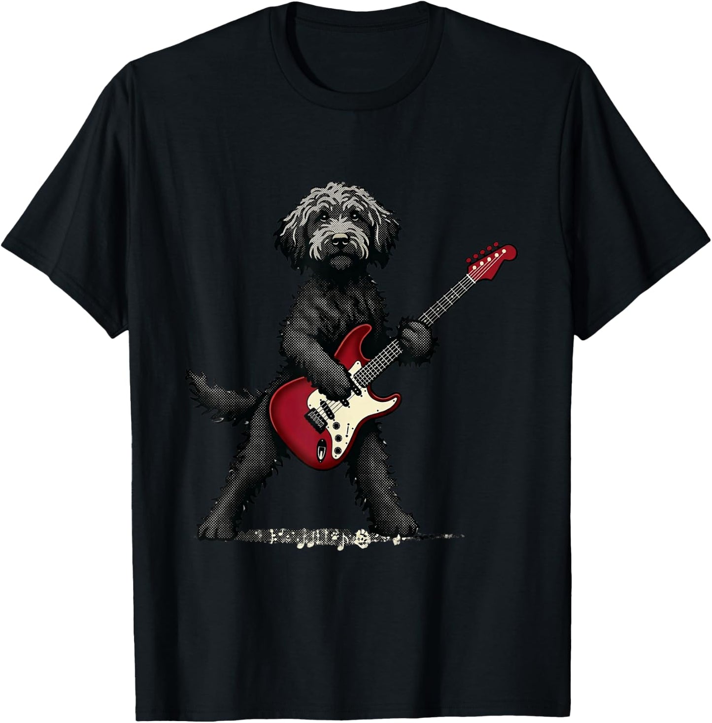 Funny Rock Goldendoodle Dog Playing Guitar Music Lover Dog T-Shirt - T-Shirt | Black