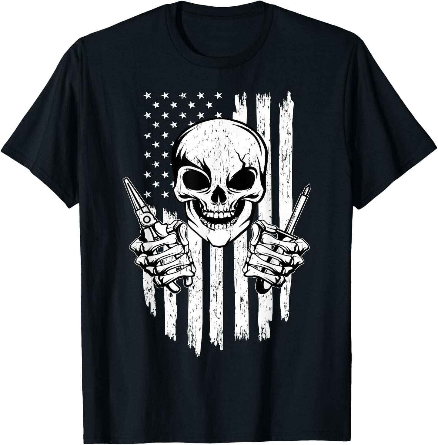 Electrician Skull Electricity Electrical Wiring US Flag T-Shirt - T-Shirt | Black