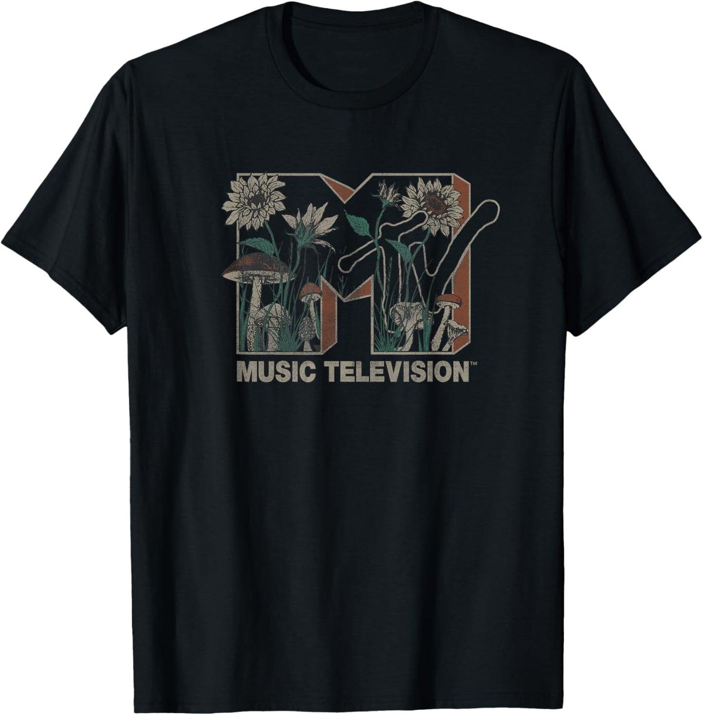 MTV Music Television Wild Flower Mushrooms MTV Logo T-Shirt - T-Shirt | Black