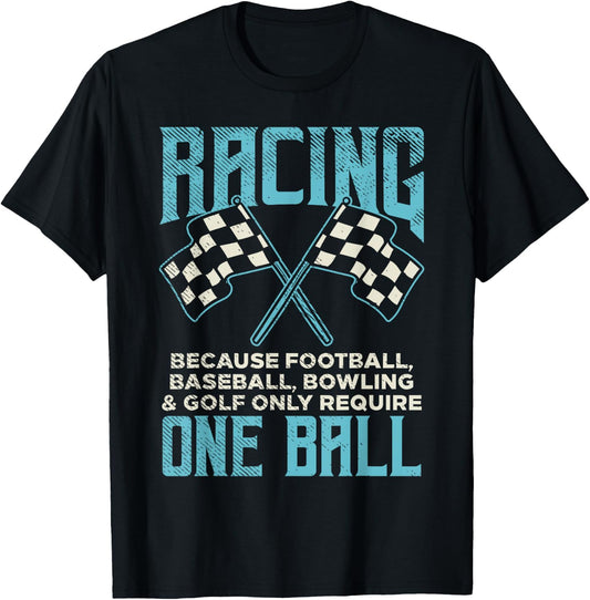 Racing One Ball Checkered Flag Race Car Driver Racer Gift T-Shirt - T-Shirt | Black