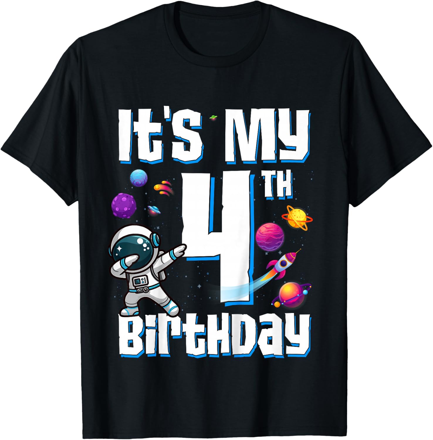 Kids It's My 4th Birthday Astronaut Space Planets Four Years Old T-Shirt - T-Shirt | Black