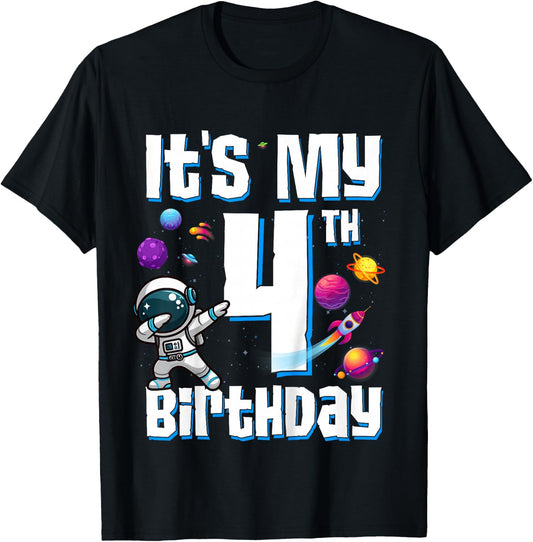 Kids It's My 4th Birthday Astronaut Space Planets Four Years Old T-Shirt - T-Shirt | Black