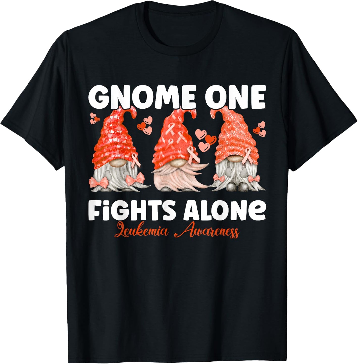 Gnome One Fights Alone Orange Leukemia Awareness T-Shirt - T-Shirt | Black