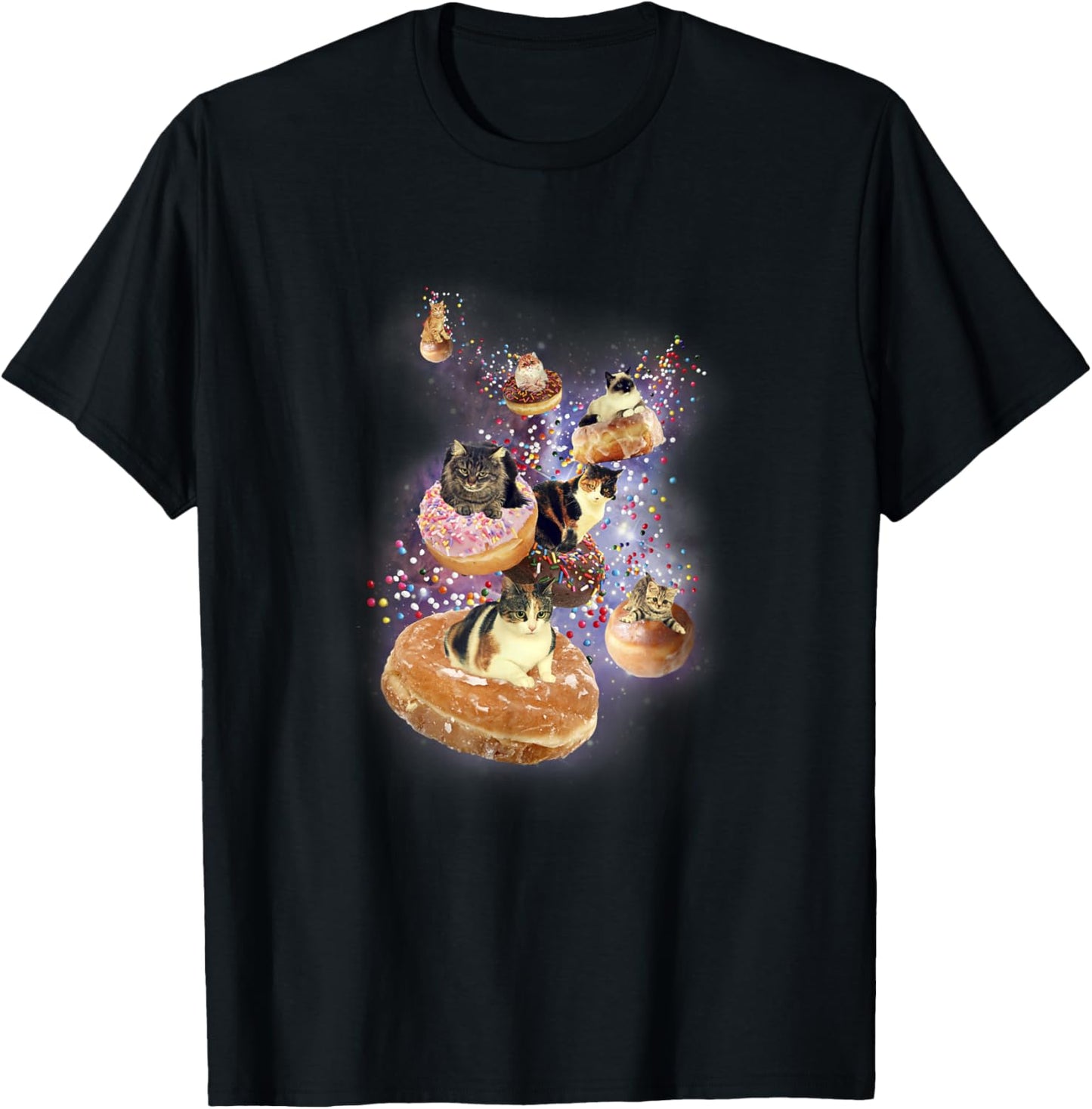 Trendy Cats Flying On Donuts In Space T-Shirt - T-Shirt | Black