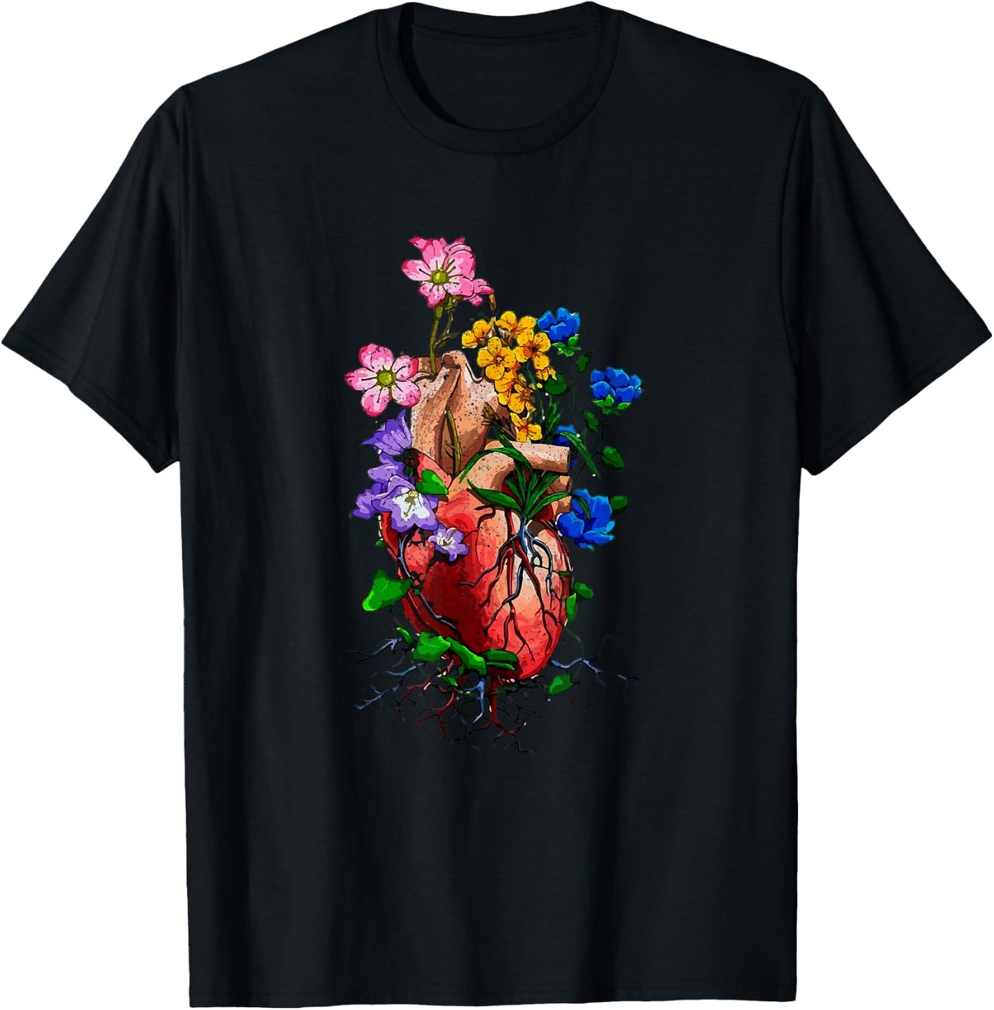 Floral Goth Anatomical Heart Show Love T-Shirt - T-Shirt | Black