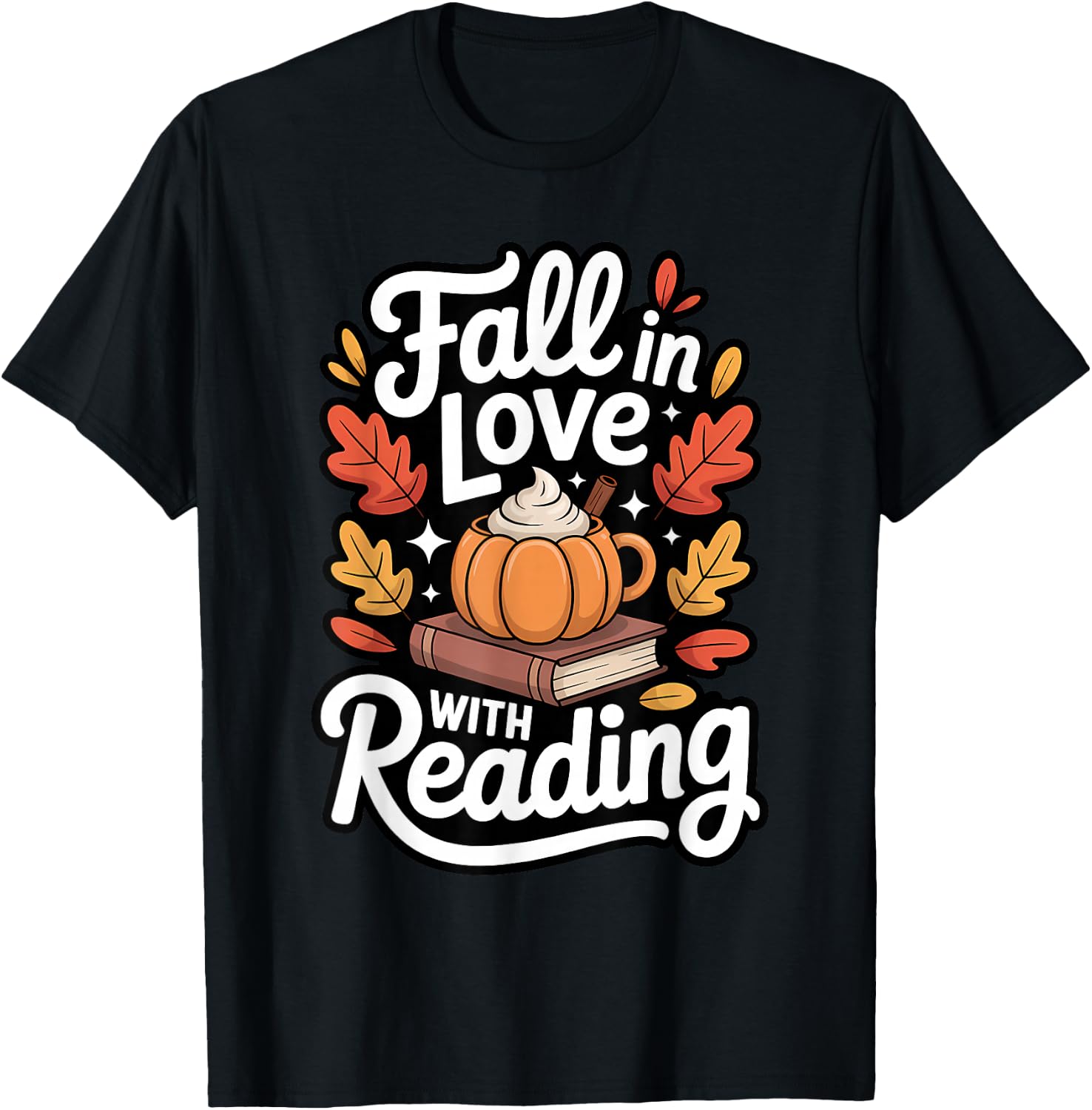 Fall in Love with Reading Autumn Librarian Cute Book Lover T-Shirt - T-Shirt | Black