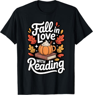 Fall in Love with Reading Autumn Librarian Cute Book Lover T-Shirt - T-Shirt | Black