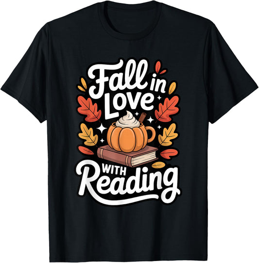 Fall in Love with Reading Autumn Librarian Cute Book Lover T-Shirt - T-Shirt | Black