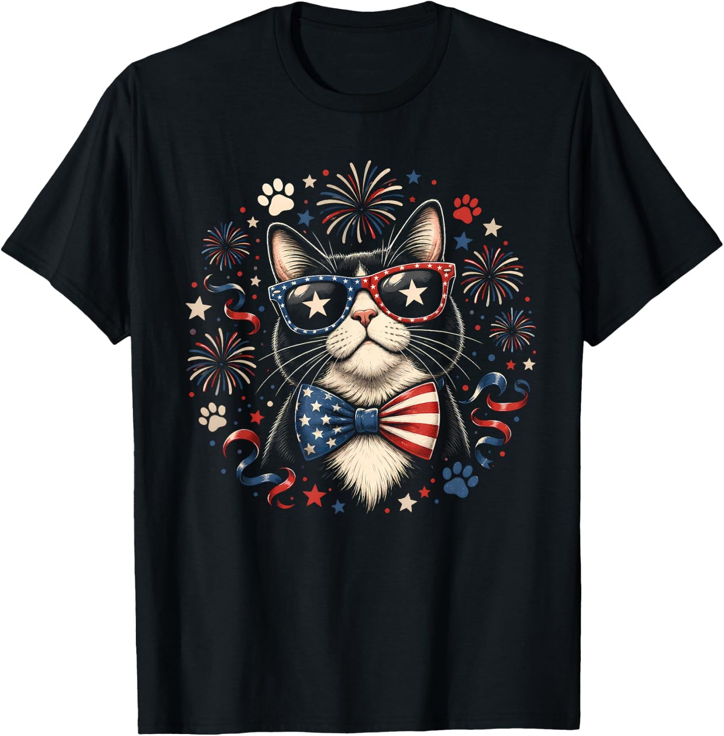 Cat 4th of July American Flag Bow Patriotic Women T-Shirt - T-Shirt | Black