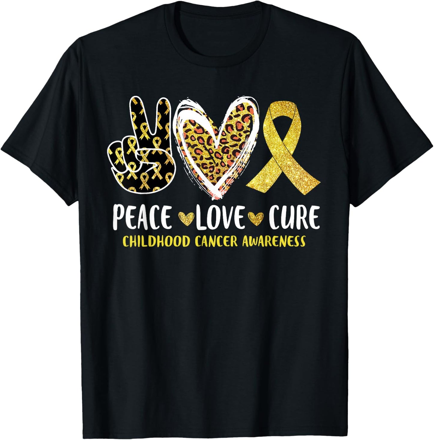 Peace Love Cure Childhood Cancer Awareness Leopart Heart T-Shirt - T-Shirt | Black