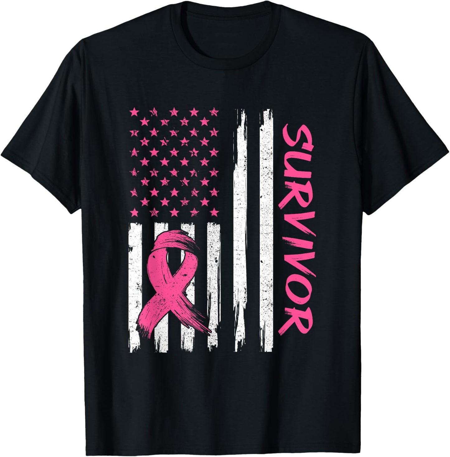 Breast Cancer Survivor American Flag Breast Cancer Awareness T-Shirt - T-Shirt | Black