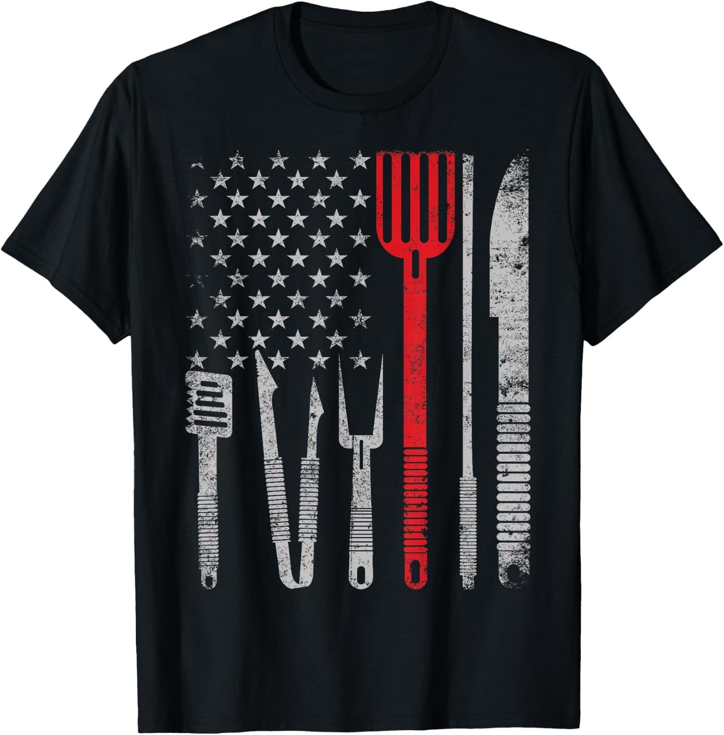 BBQ Grill pork with 4th July USA flag Cooking Chef T shirt T-Shirt - T-Shirt | Black