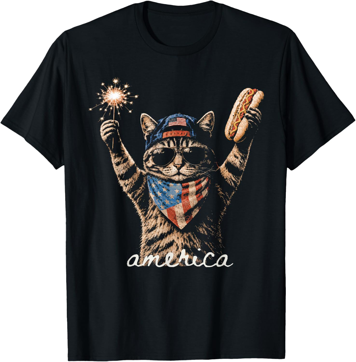 Retro Funny America CatHot Dog Lovers Patriotic US Flag T-Shirt - T-Shirt | Black