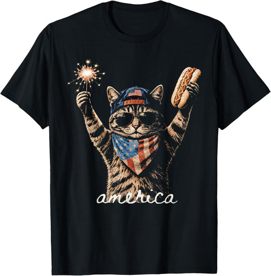 Retro Funny America CatHot Dog Lovers Patriotic US Flag T-Shirt - T-Shirt | Black