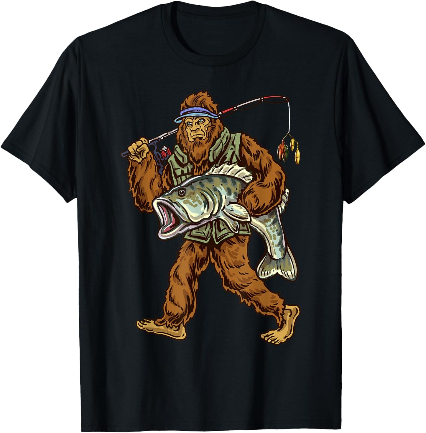 Largemouth Bass Fishing Bigfoot Fisherman T-Shirt - T-Shirt | Black