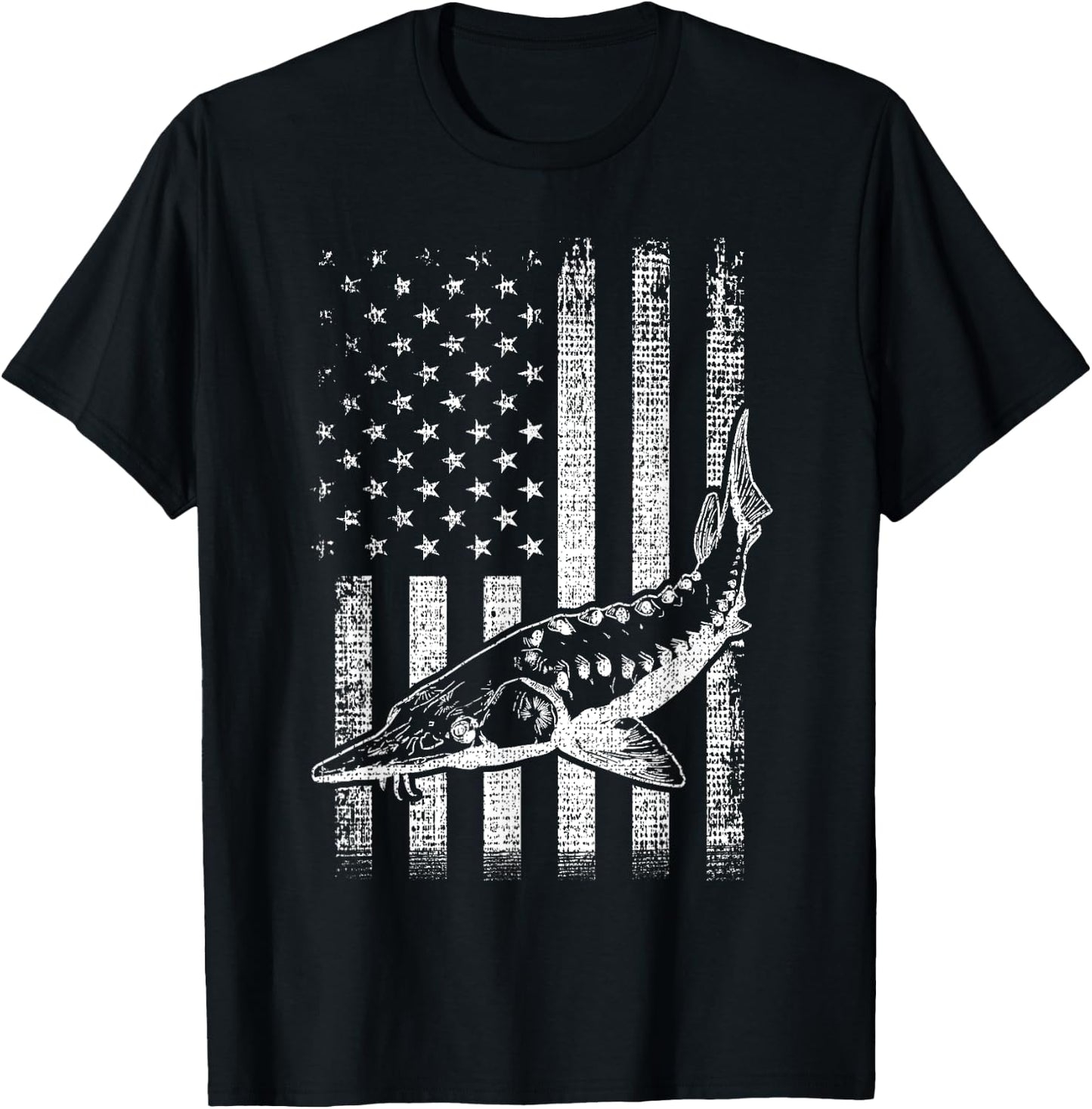 Retro vintage American Sturgeon flag distressed fisherman T-Shirt - T-Shirt | Black