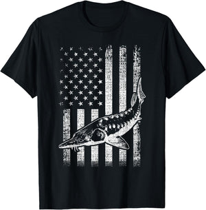 Retro vintage American Sturgeon flag distressed fisherman T-Shirt - T-Shirt | Black