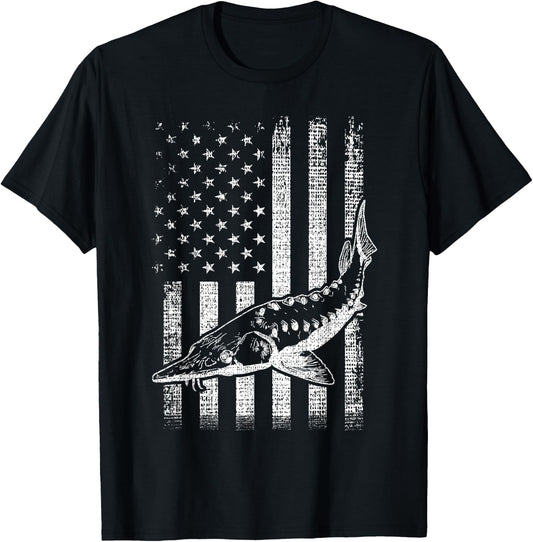 Retro vintage American Sturgeon flag distressed fisherman T-Shirt - T-Shirt | Black