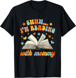 Kids Book Lover Mommy & Me Tiny Bookworm I'm Reading With Mommy T-Shirt - T-Shirt | Black