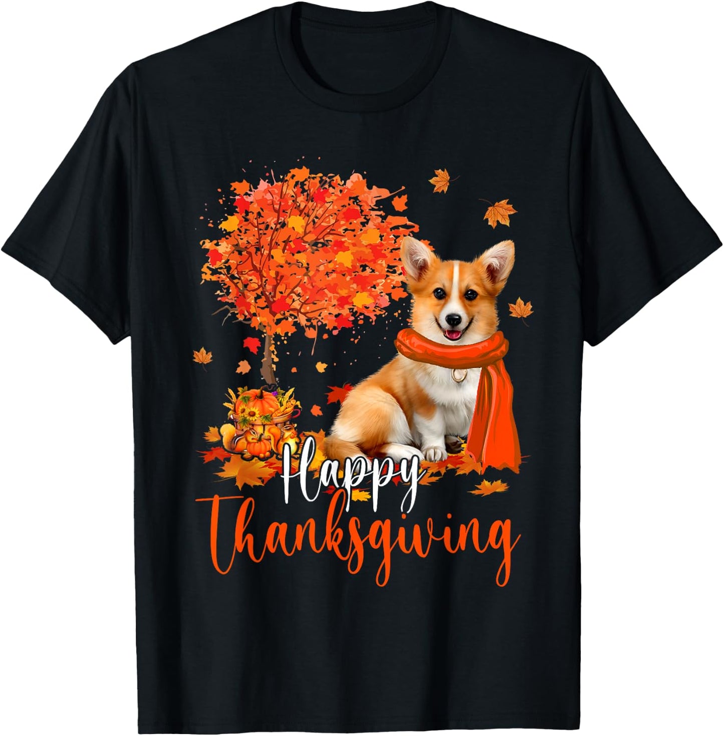 Happy Thanksgiving Corgi Dog And Autumn Tree Corgi Dog Lover Men Women Kids T-Shirt - T-Shirt | Black