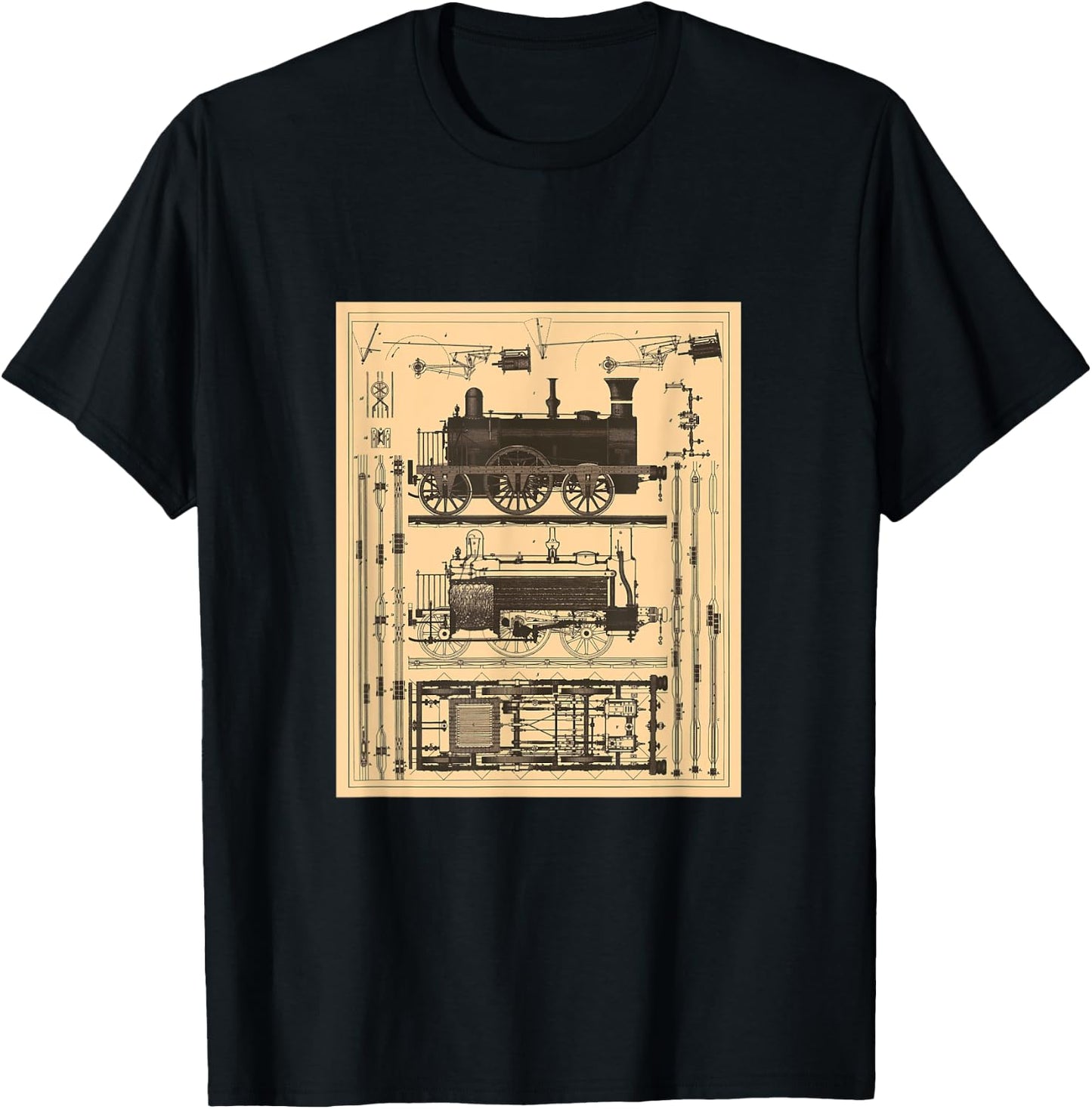 Railroad Locomotive Blueprint T-Shirt - T-Shirt | Black