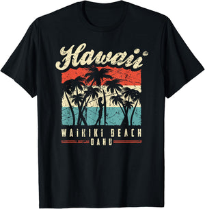 Hawaii Waikiki Beach Oahu Vintage Sunset Oahu Hawaii Retro T-Shirt - T-Shirt | Black