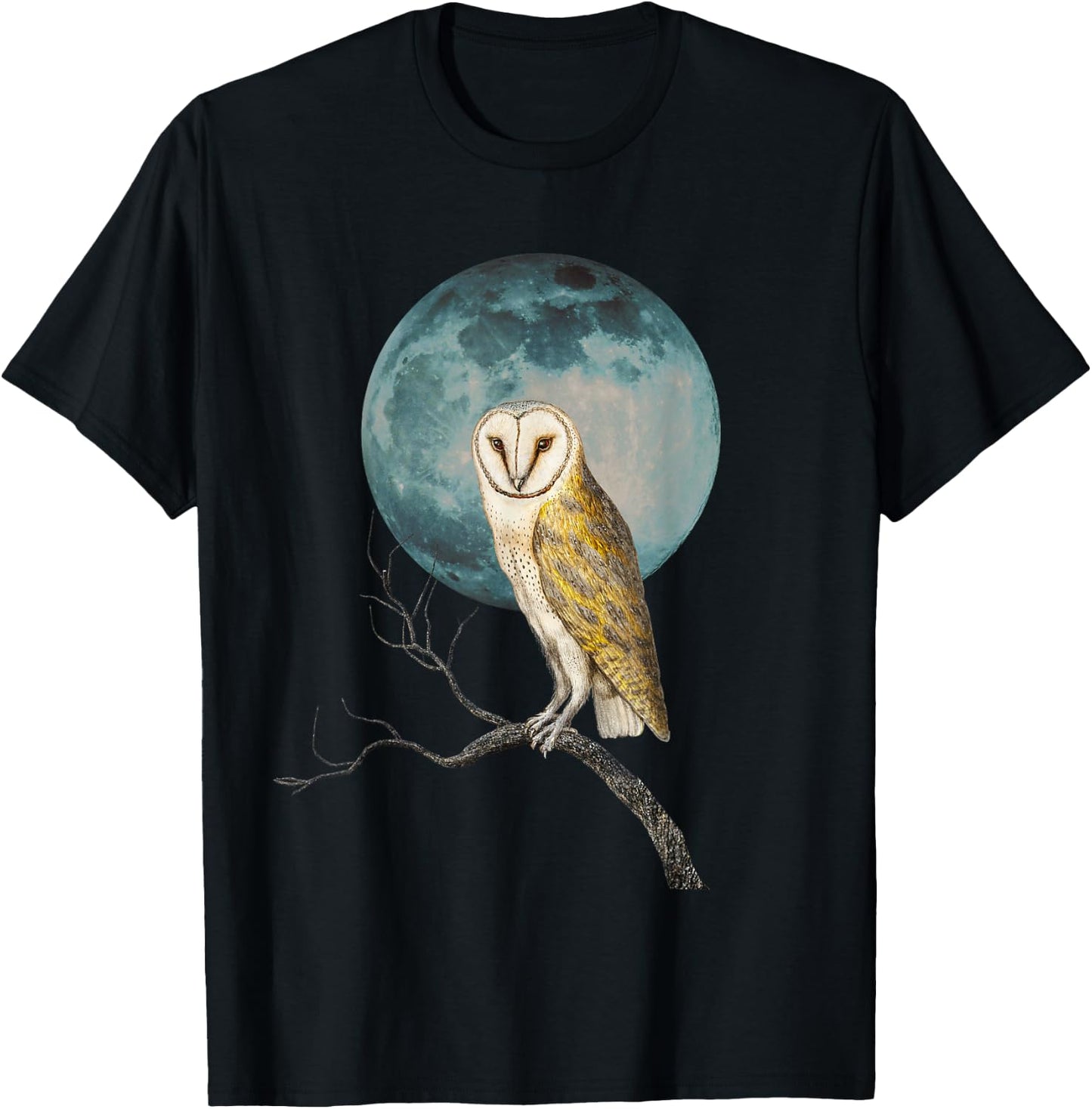 Barn Owl Lover Full Moon Vintage Illustration Birder Graphic T-Shirt - T-Shirt | Black