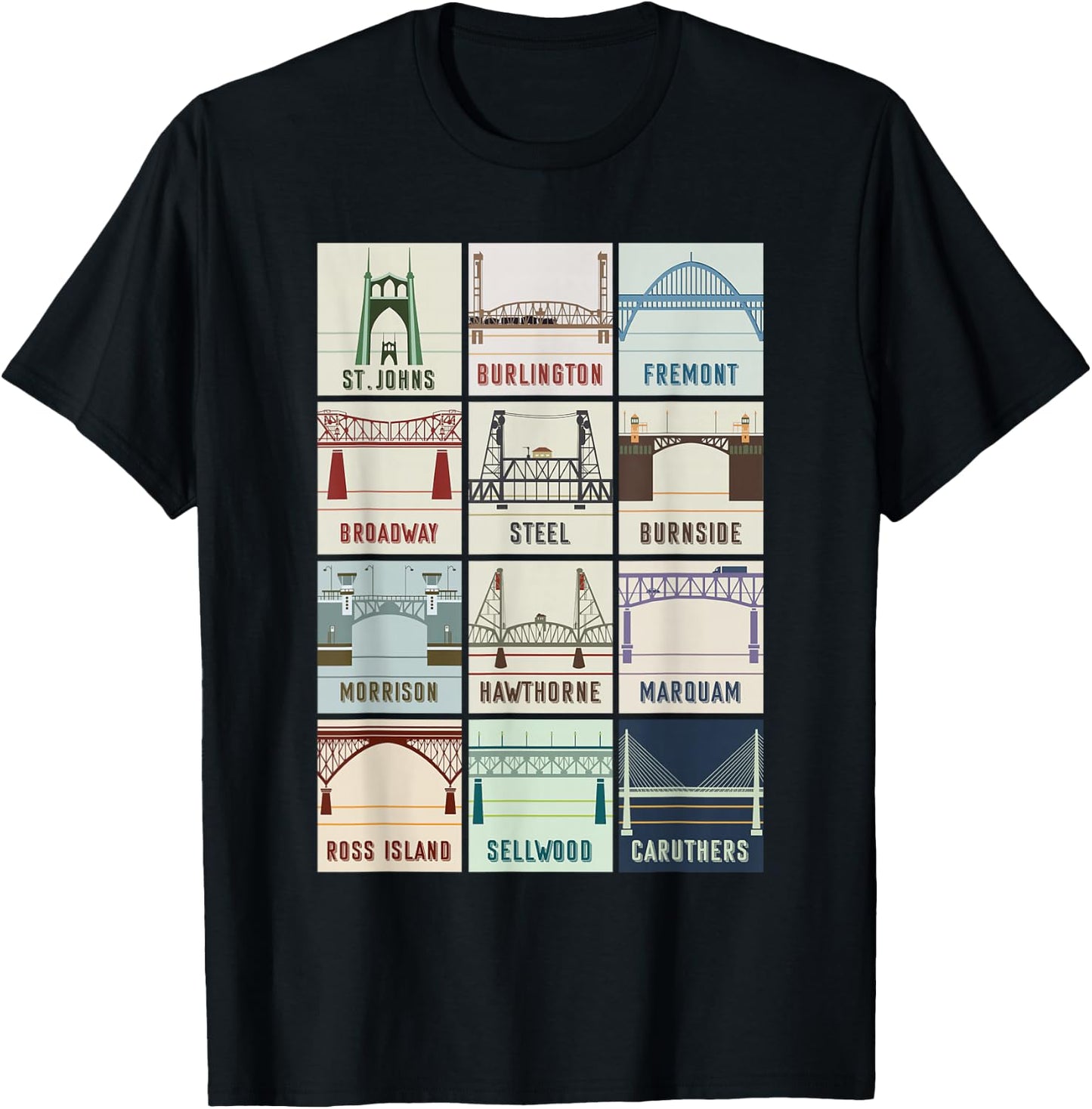 Vintage Bridges Of Portland Oregon , Black T-Shirt - T-Shirt | Black